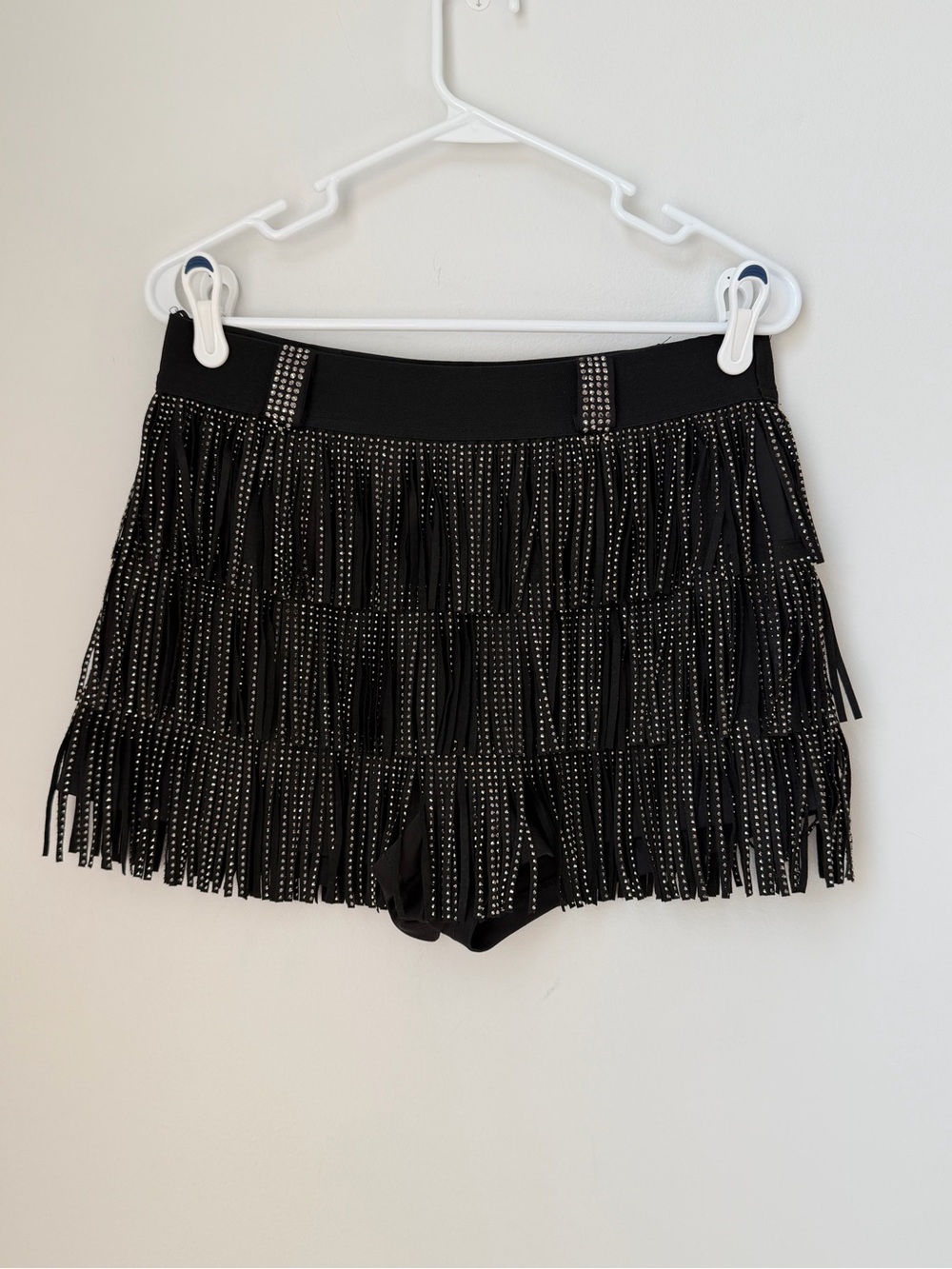 Black Fringe Mini Shorts with Stud-Embellished Straps & Belt Buckles Size Large